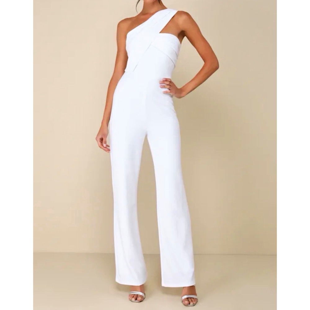Lulus Devoted to Fun Ivory One-Shoulder Crepe Jumpsuit NWT White Large